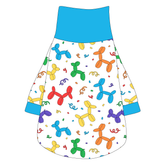 Tee shirt with turtleneck in a dog friendly pattern that shows party images like balloons and confetti. It's complete with solid blue trim on the neck, sleeves and waist.